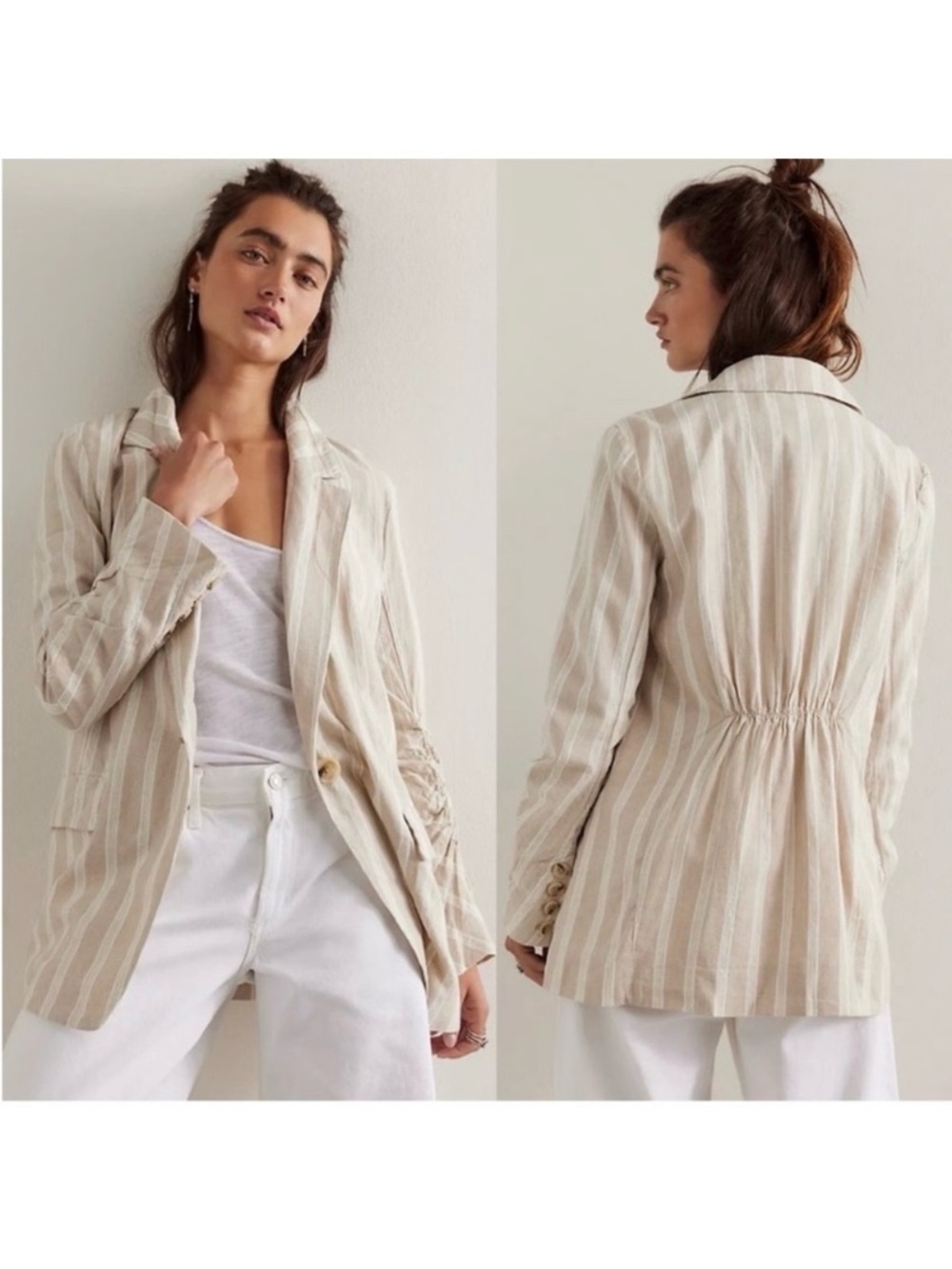 Free People Fern Oversized Linen Blazer Dusty Beige Tan Stripe Coastal Boho